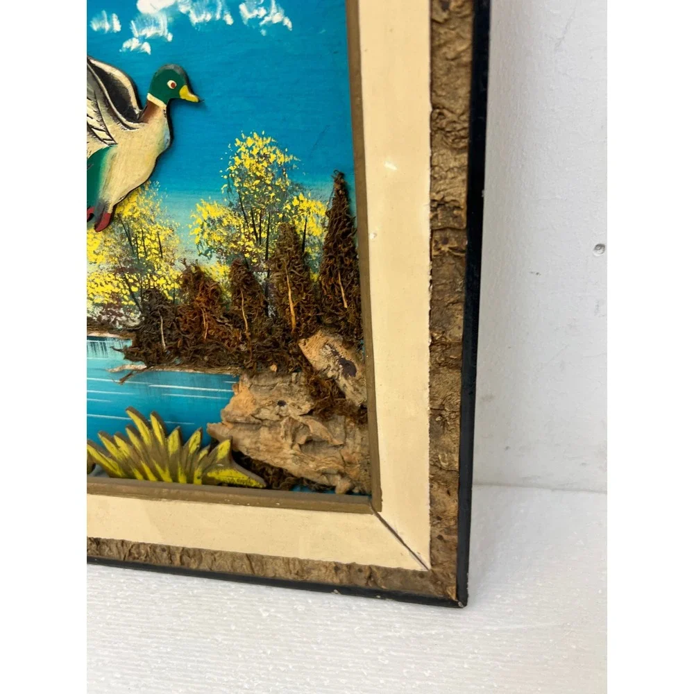Vintage Mixed Media Shadowbox Art Ducks Flying Mallard Lake Scene Cabin Decor